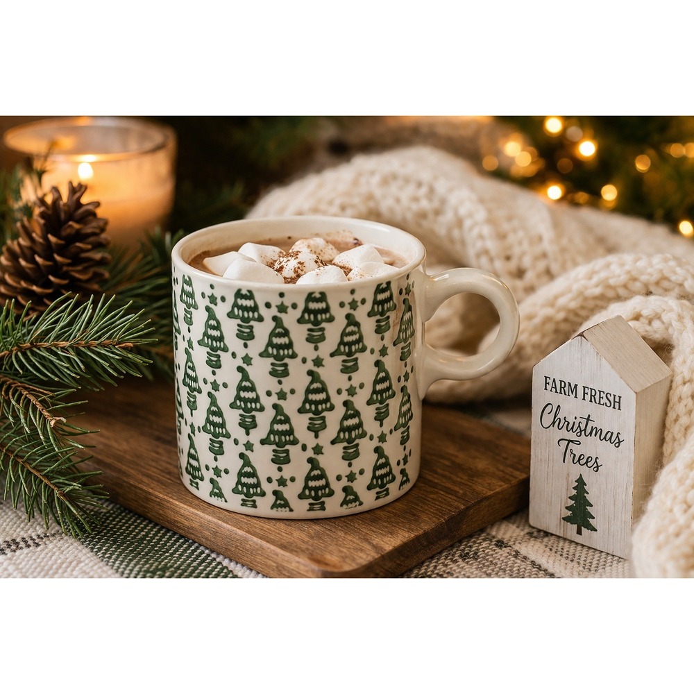 Christmas Tree Mug‎ Green Farmhouse Stoneware Coffee Tea Cocoa Cup Holiday